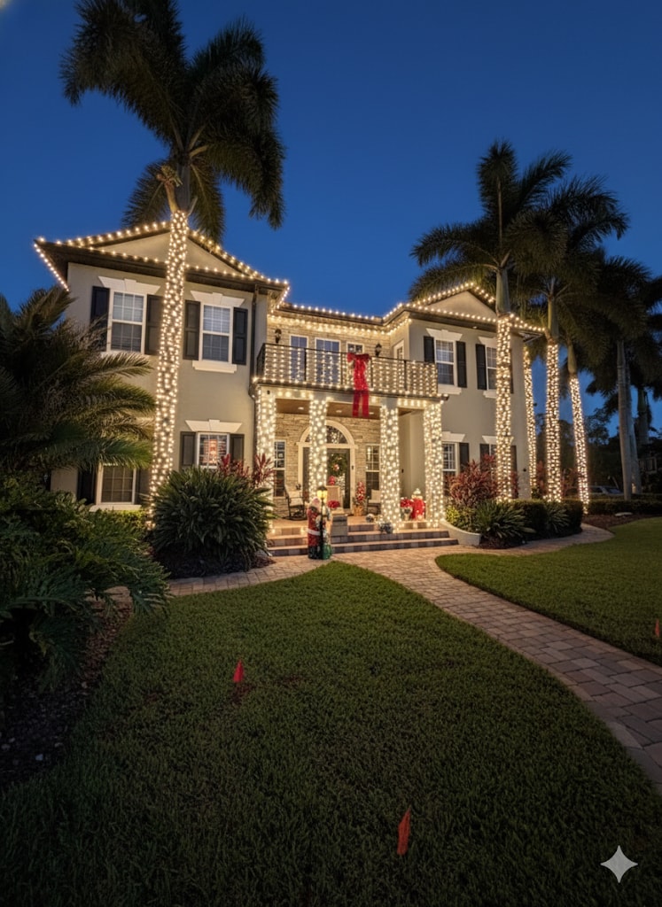 Luxury home with warm white Christmas lights and palm trees