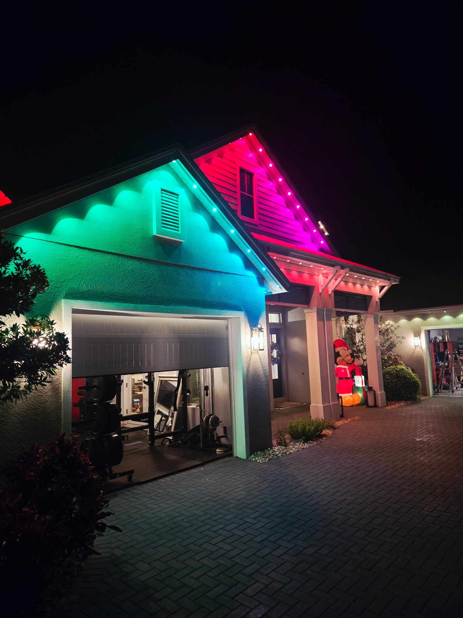 Home with colorful neon Christmas lights